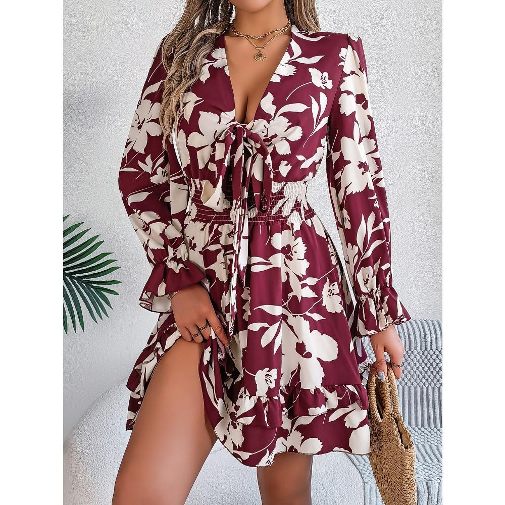 Women's Casual Floral Long Sleeve Wooden Earring A-line Dress Sexy Women's Floral Dresses