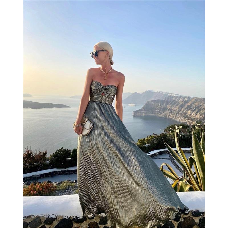 Ladies Summer New Sexy Chest Wrapped Bronzing Party Dress Solid Color Elegant Casual Big Swing Decoration Design Long Skirt