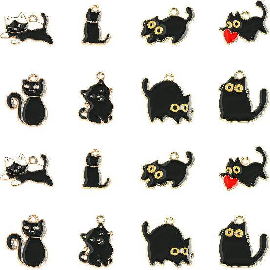 KitBeads 40 szt. 8 stylów Czarne Koty Zawieszki Emaliowane Serca Zwierzęta Urocze Czarne Kociaki Zawieszki do Tworzenia Biżuterii Bransoletki Naszyjniki Rękodzieło Hurt