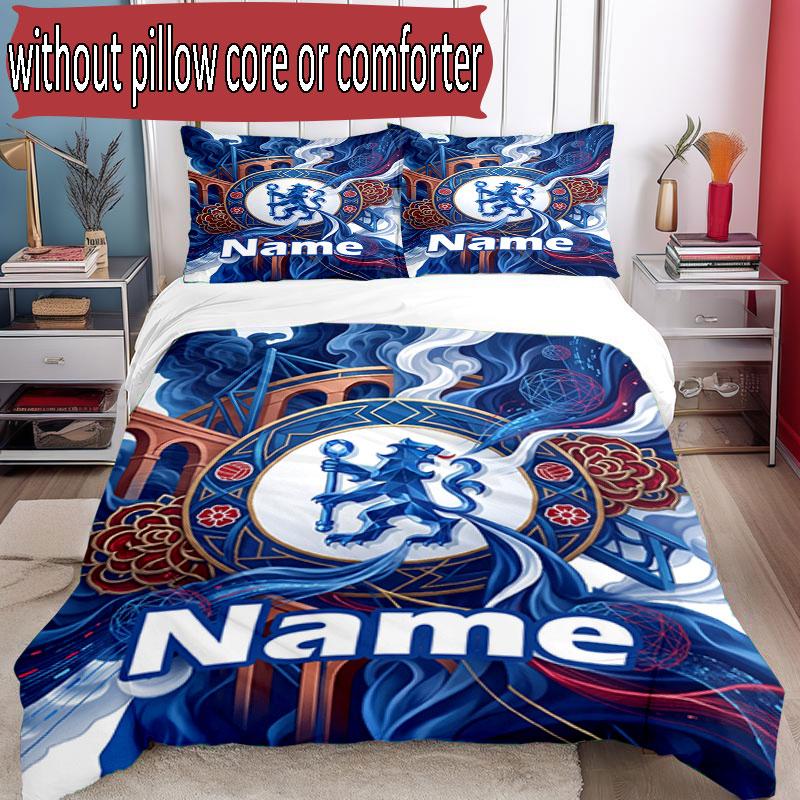 3pcs Duvet Cover Set (1*Duvet Cover + 2*Pillowcase, Without Core), Custom Name Chelsea Football Club Pattern Bedding Set, Home Bedroom Decor Gift