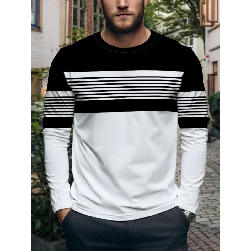 T-shirt à col rond et manches longues pour homme Mode Automne Nouveau Tendance Bloc de Couleurs Rayures Noir et Blanc Haut Décontracté Jeune Coupe Cintrée Maillot de corps