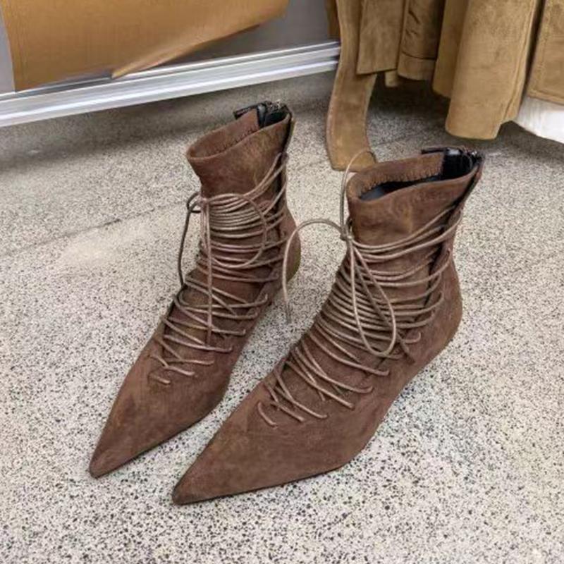 Women's Boots Fashion Lace Up Ankle Boots High Quality Suede Casual Boot Temperament Pointed Short Boot Women High Heeled Boots