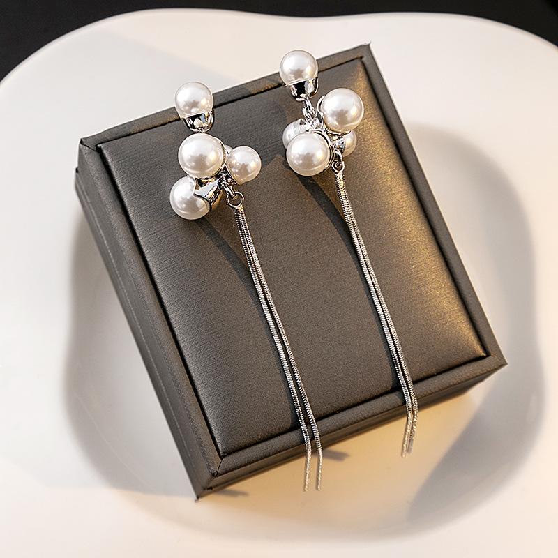 

Silver Needle Pearl Long Tassel Earrings - Elegant High-End Cold Style for Women