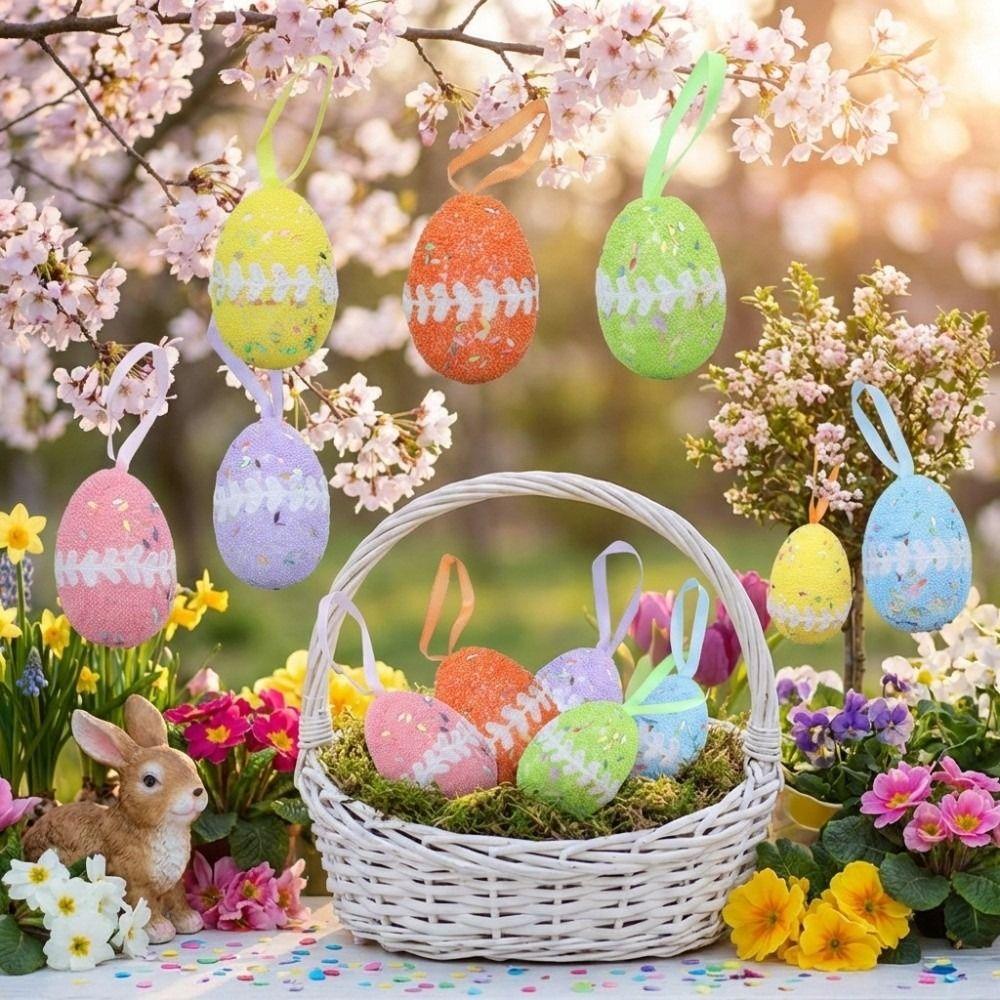 6Pcs Colorful Foam Easter Eggs Pendant DIY Craft with Ribbon Eggs Hanging Ornaments Egg Props Glitter Easter Egg Decorations