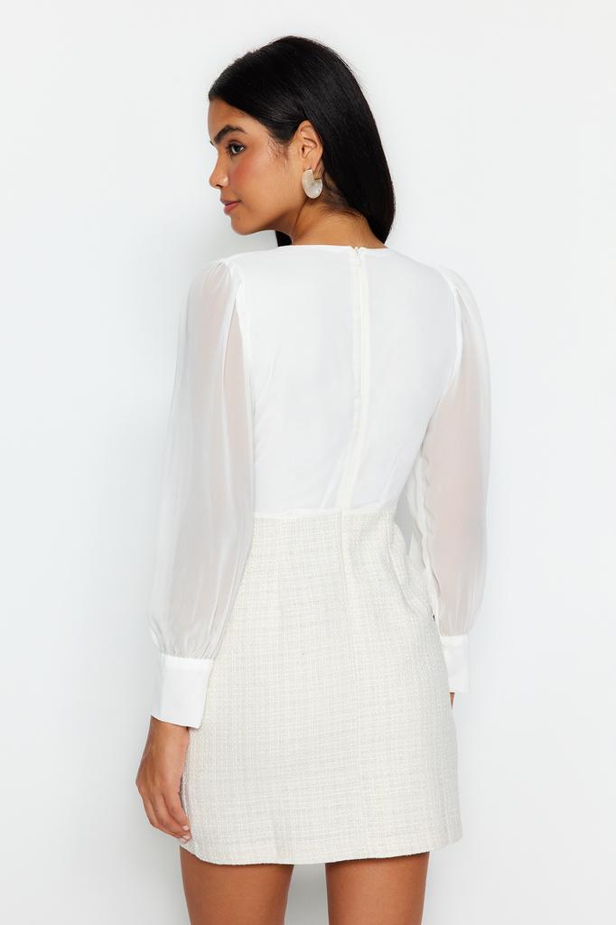 Women's Fashion Casual Standard Sleeve Mini Navy Blue Collar Detailed Lined Chiffon Woven Dress