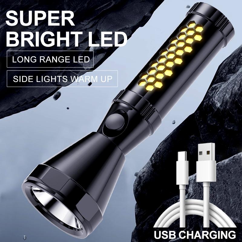 Top corner mode of LED portable flashlight with cellular side light supports TYPE-C charging.