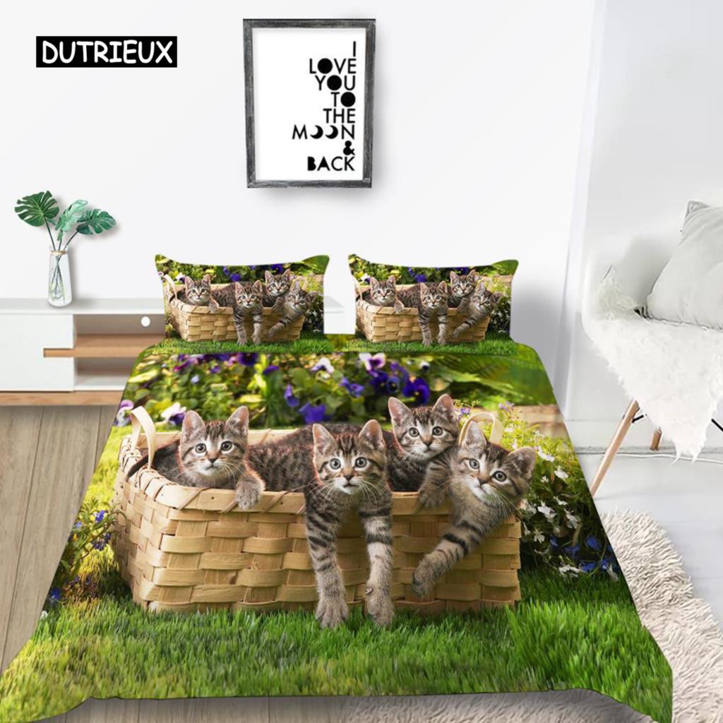 Cat Duvet Cover Set King Size Microfiber Cute Animal Print Girl Teen Kid Comforter Cover Lovely Kitty Series Pattern Bedding Set