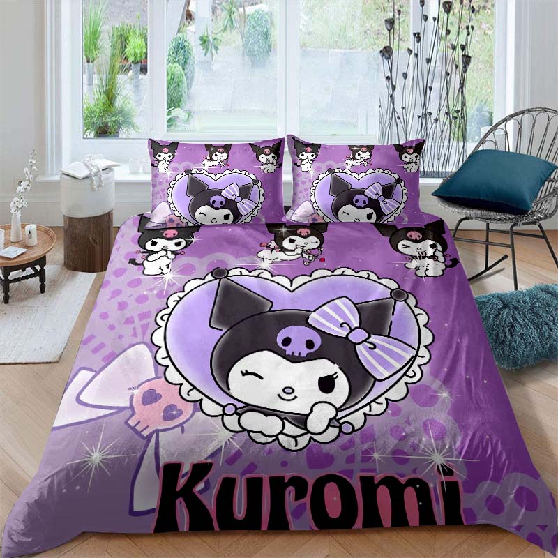 3D Printed Kuromi Cartoon Three-piece Bedding Set, Duvet Cover Set, Includes Pillowcases, No Filling.