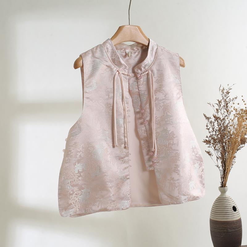 Real Shot Improved Guochao Disc Buckle Small Round Neck Jacquard Brocade Weaving Gold Embroidered Vest Top