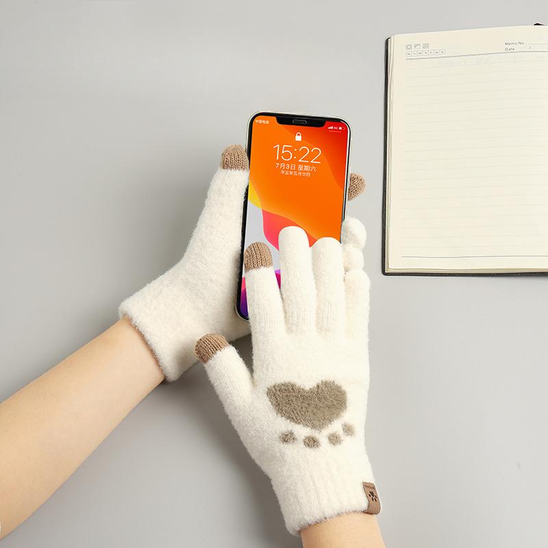 Touch Screen Gloves Cat Claws Cold Resistant and Warm Gloves Ladies' Autumn and Winter Thick Woolen Knitted Gloves