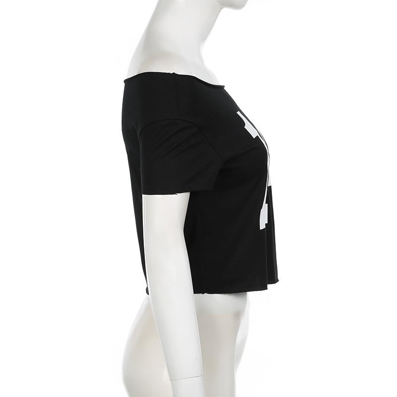 European and American Digital Printed Summer Fashion Personality Short Style Crop Top with Exposed Navel and One Shoulder T-shirt Top