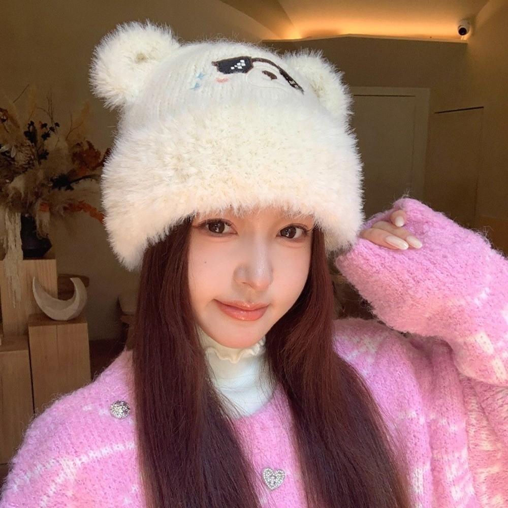 Large Head Circumference Bear Ear Hat Face Slimming Design Winter Beanie Hat Daily Casual