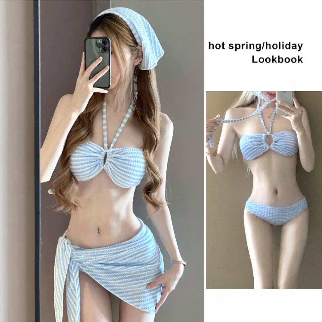 

Сладкий полосатый раздельный купальник: Сексуальный купальник из четырех частей с юбкой для отпуска или горячего источника, купальник для студентов, стройнящий Extra Large синий/белый