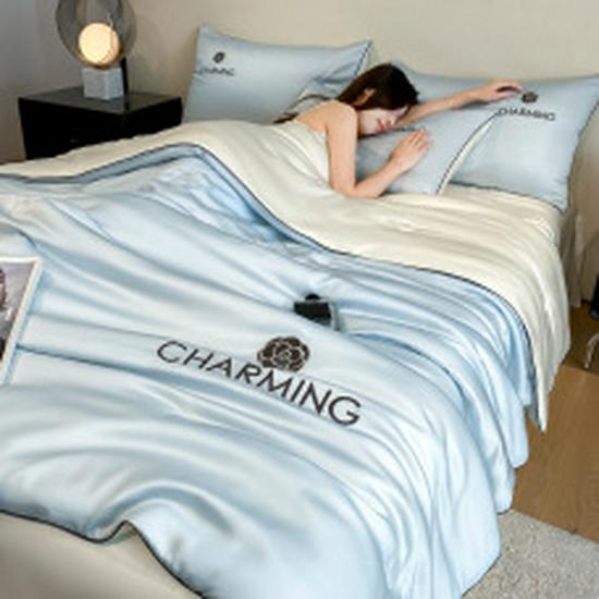 Class A Ice Silk Summer Quilt Set - Cooling, Water Washable, Embroidered, Air Conditioning Friendly, Thin Quilt for Naked Sleep