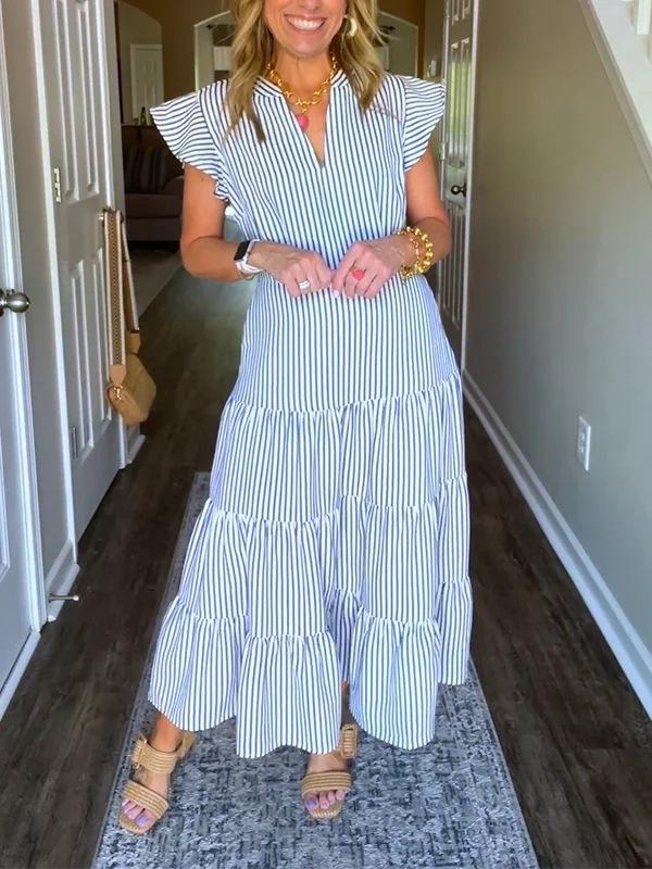 

Синее и белое полосатое платье макси без рукавов с V-образным вырезом и оборками, повседневное летнее платье XS синий