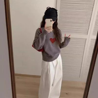Herbst und Winter neue Produkte Rundhals Schulterärmel Strickpullover Damen Koreanisch niedlich klein frisch Liebe Jacquard Oberteil Damen