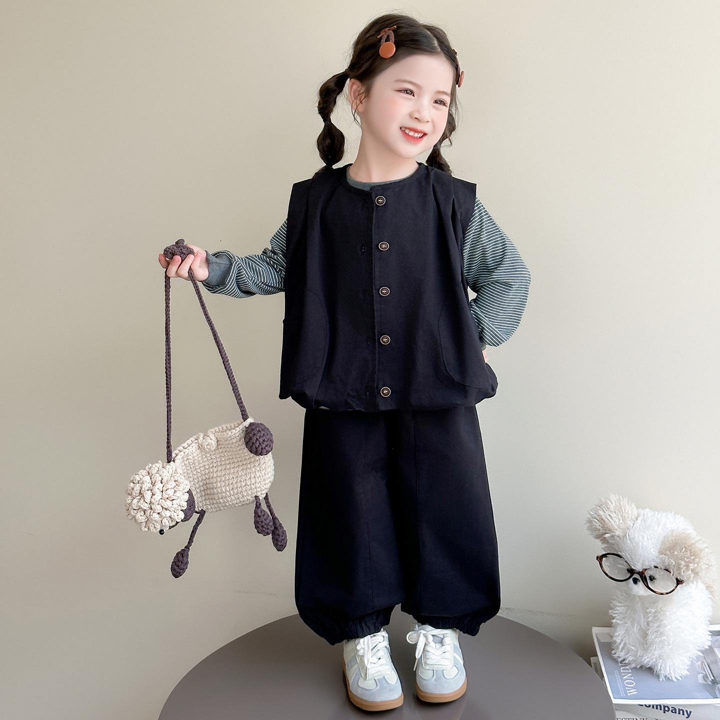 

Стильный трехпредметный комплект на весну/осень 2025 года для маленьких девочек - Модный жилет и повседневная одежда 110 cm темно-синий