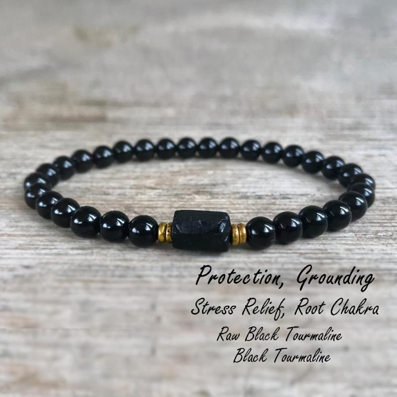 Natural Raw Stone Black Beaded Bracelet | Crystal Protection Jewelry, Vintage Style, Suitable for Men and Women