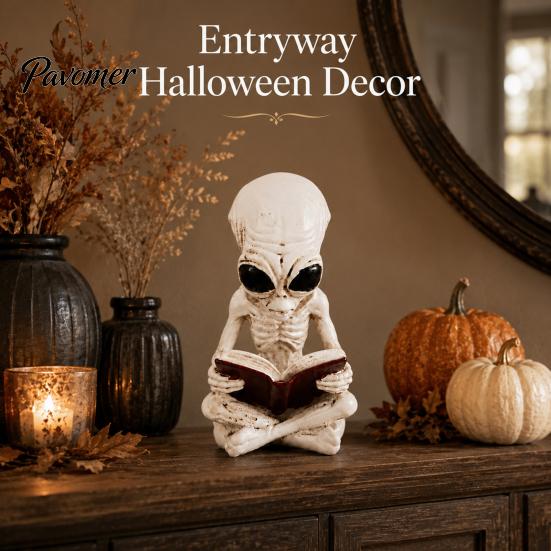 Resin Book Reading Figurines Alien Cross Legged Skeleton Figurine, Sci-Fi Gothic Detailed Bone Crafts Halloween Ornament, Collection Statue