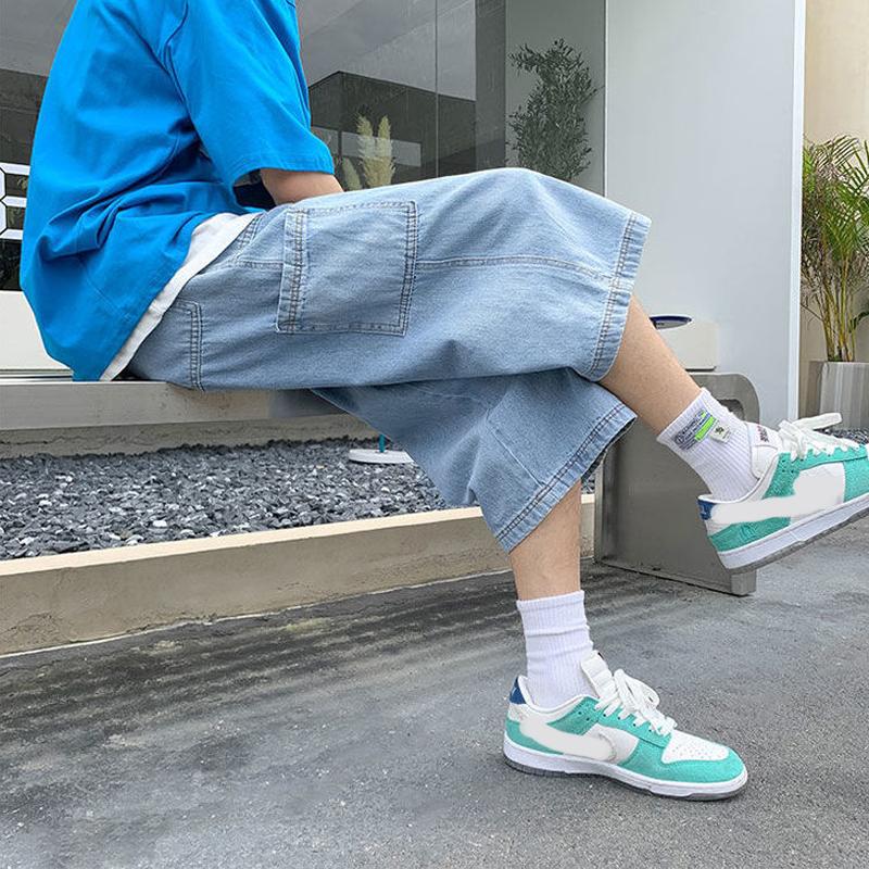 Îmbrăcăminte de vară pentru bărbați supradimensionați, haine Y2K, blugi largi, denim retro, talie elastică, pantaloni tăiați drepti, pantaloni scurți pentru bărbați, pantaloni de trening