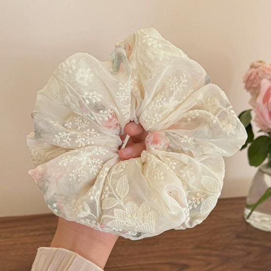 Hair Tie Embroidery Flower Pattern Mesh Yarn Large Hair Scrunchy Soft Elastic Ponytail Holder Non-Slip Hair Accessory