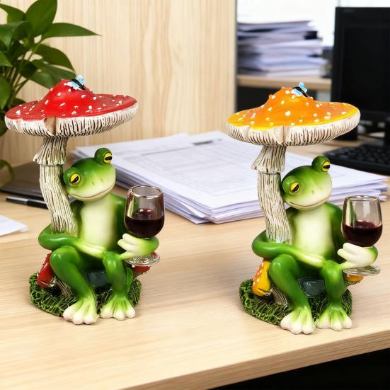 Cartoon Mushroom Sitting Frog Statue Holding Wine Glass Drinking Frog Figurine Resin Animal Sculpture Indoor Outdoor Garden Yarn Decoration Ornament