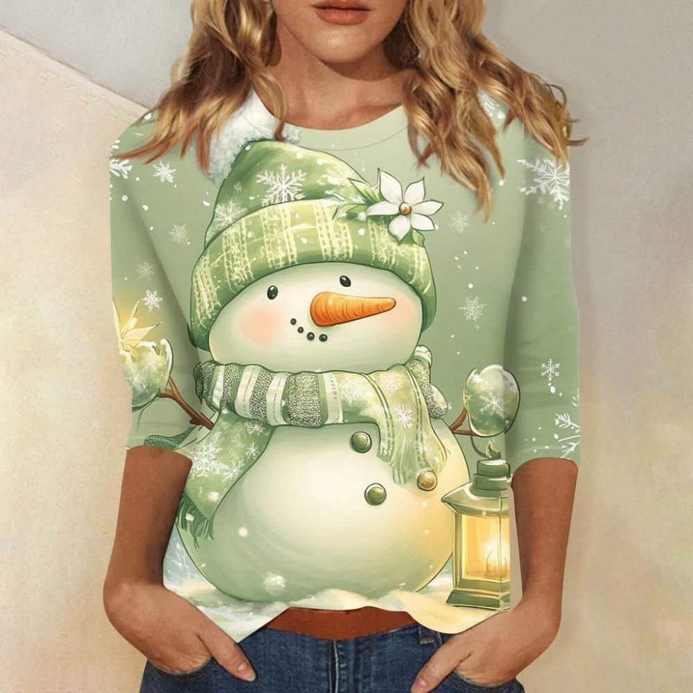 Christmas Limited Edition Women's 3D Snowflake and Snowman Print Round Neck Long Sleeve Hoodies Fashion Casual Long Sleeve Top