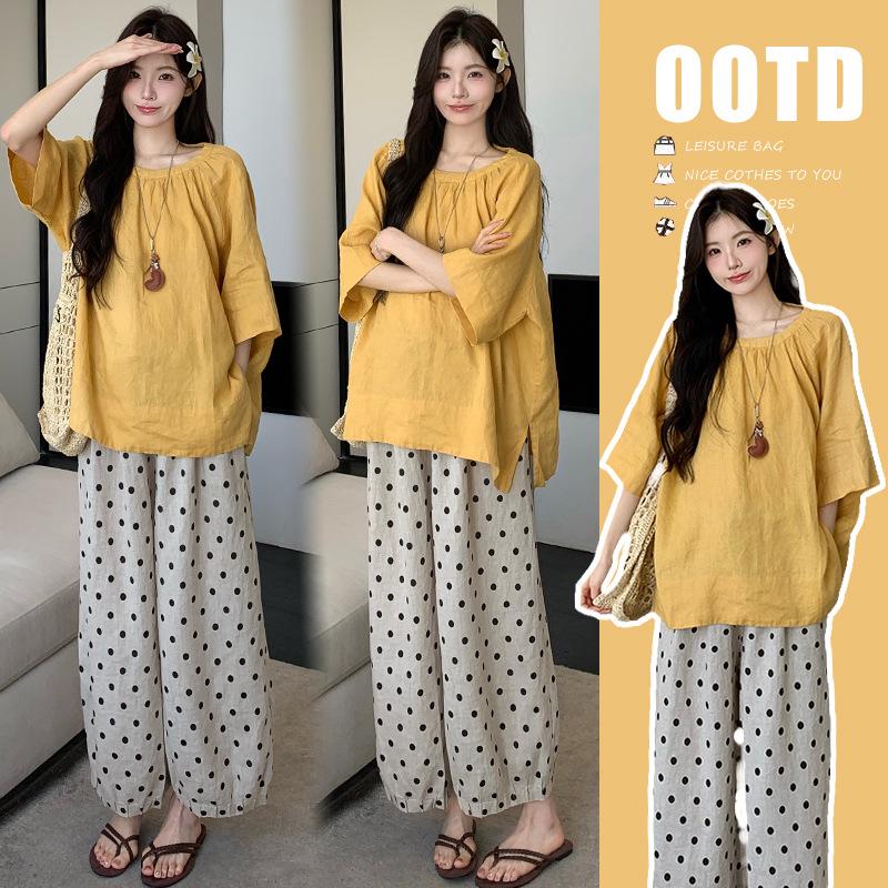 2026 Summer Maternity Set: Short Sleeve Linen Shirt & Polka Dot Wide-Leg Pants 2XL