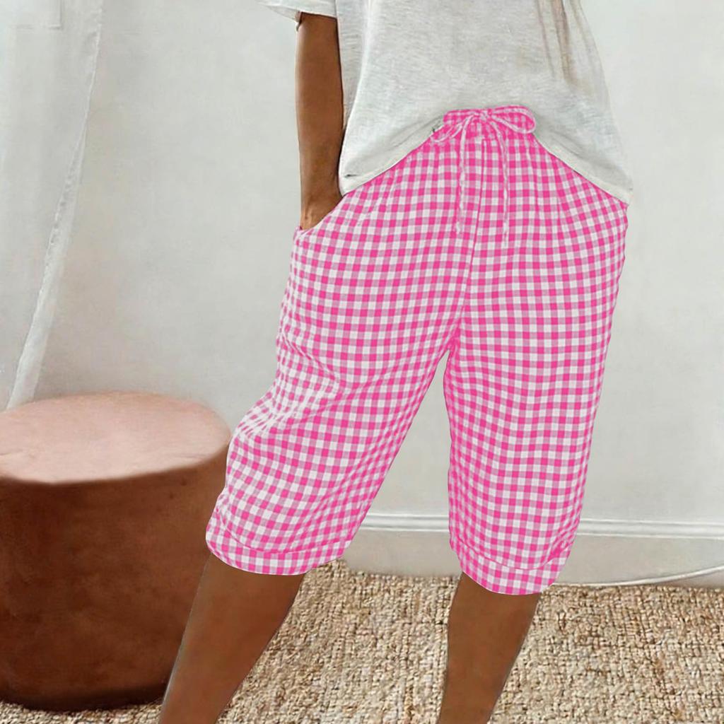 Women's Fashionable Plaid Printed Loose Drawstring Cotton Linen Casual Five Quarter Pants