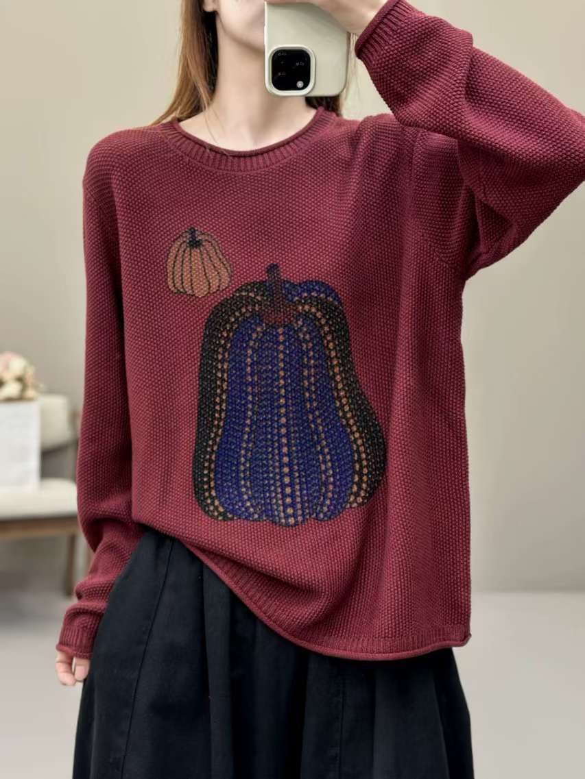 

Johnature Женская зимняя мода с принтом тыквы O-образный вырез свитер нишевый длинный рукав ретро индивидуальный свитер One Size красный