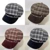 Vintage Brown Plaid Octagonal Hat For Women Winter Warm Fashion Cap