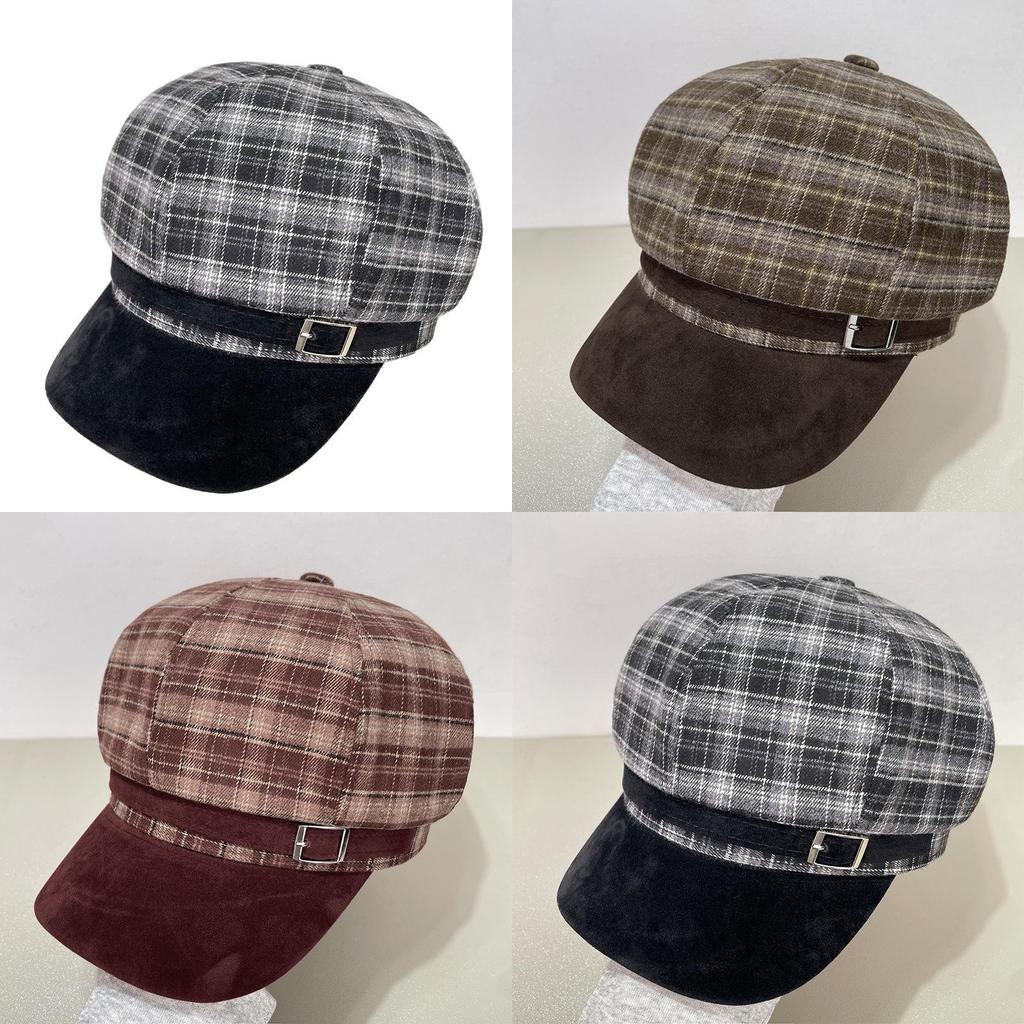 Vintage Brown Plaid Octagonal Hat For Women Winter Warm Fashion Cap