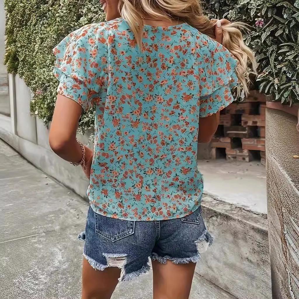 European and N National Wind Flower Chiffon Blouse Summer New-style Pullover Round Collar Lotus Leaf Sleeve Blouse