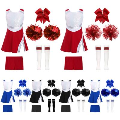 Kids Girls Shiny Cheerleading Costume Schoolgirls Dance Dress Uniform Complete Outfit with Pom Poms for Halloween Party