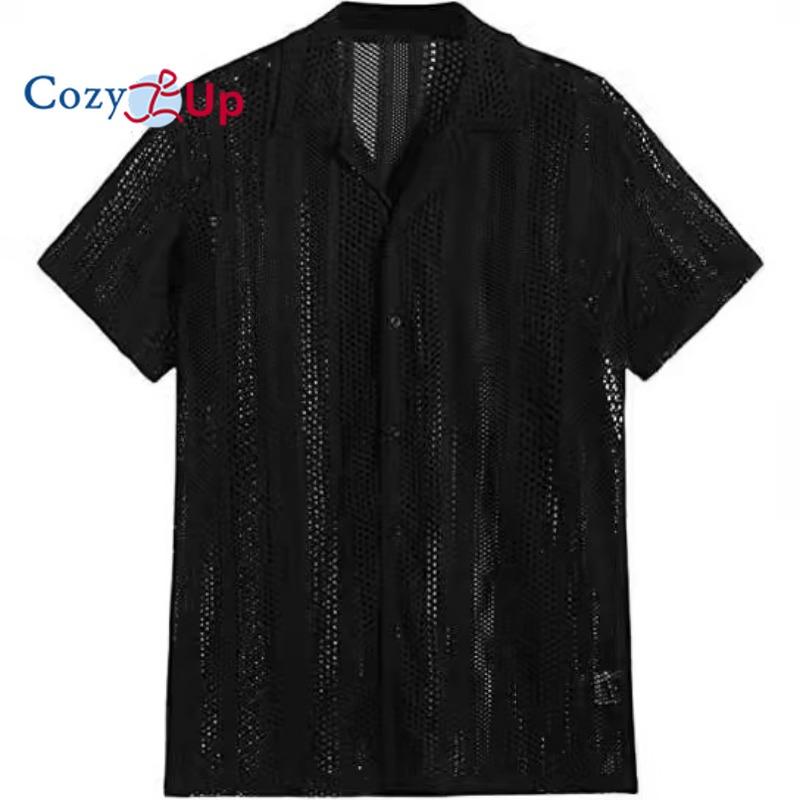 

Уютная мужская сетчатая блузка с пуговицами спереди в полоску, рубашка, повседневный топ с короткими рукавами и лацканами XXL чёрный
