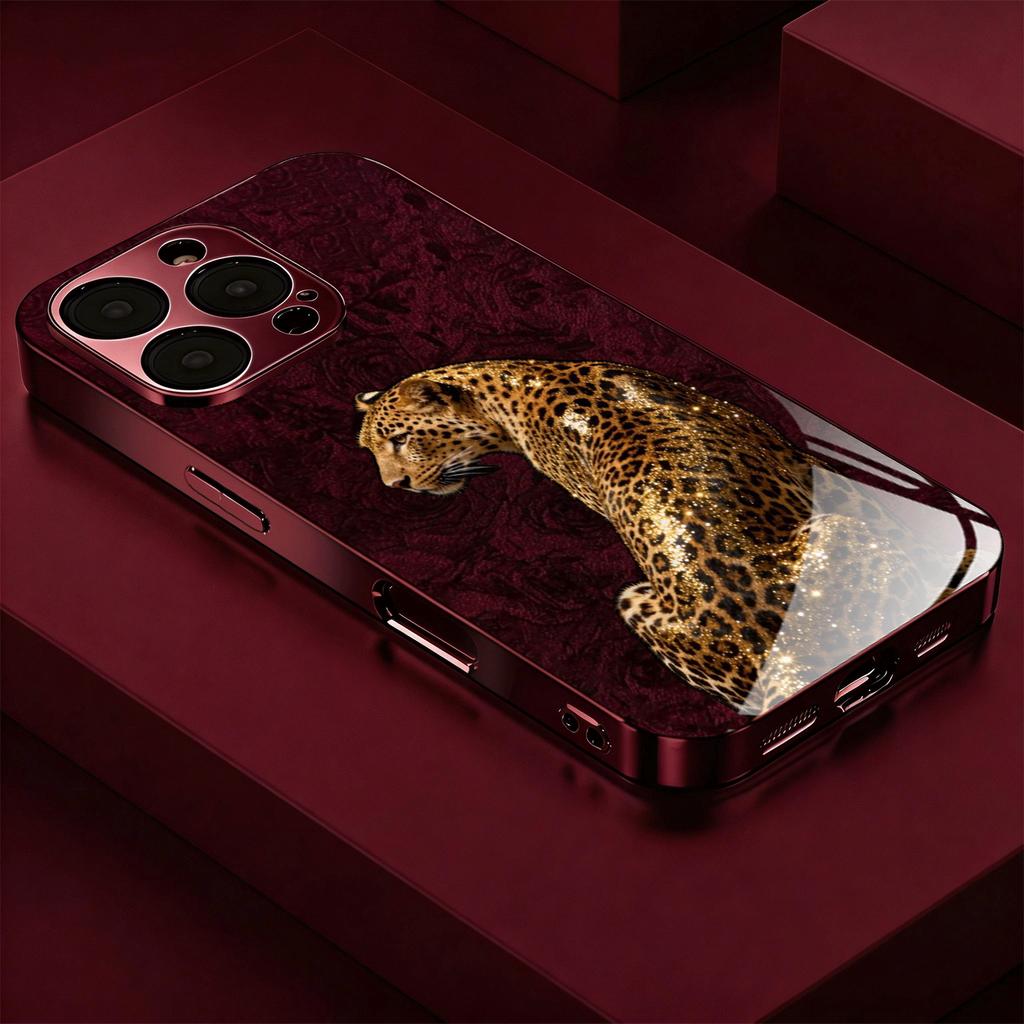 Luxurious gold leopard pattern electroplated glass phone case suitable for iphone 11ProMax 12 12MINI 13 15 15Promax 16 17Promax