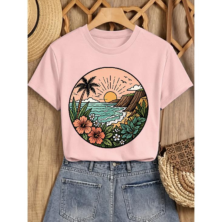 Elegant short-sleeved dress for women Beach Tropical Palm and Hibiscus Flower Scenery Round Print Crew Neck T Shirt Suitable for spring, summer, S розовый