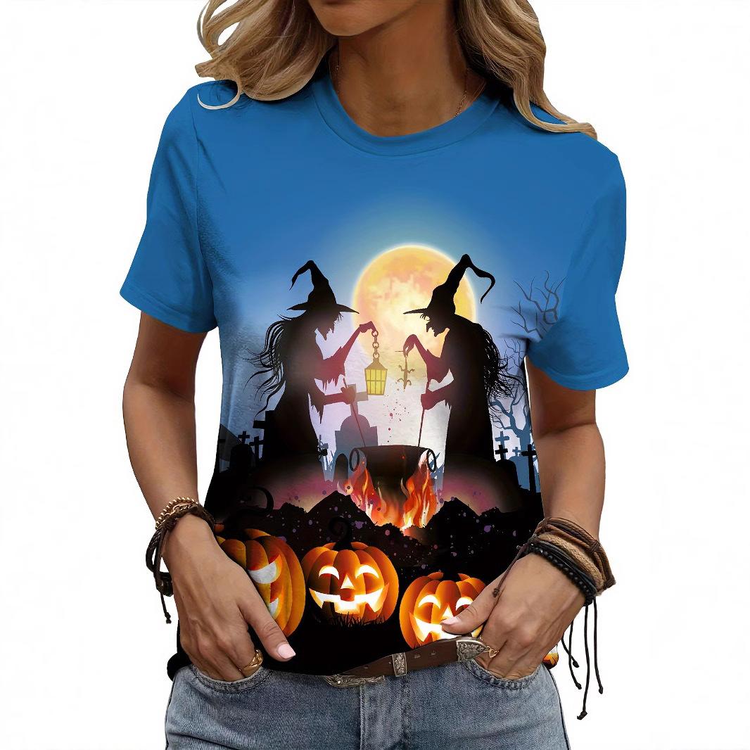 

Летний топ с круглым вырезом и 3D-принтом на Хэллоуин, модная повседневная женская футболка с коротким рукавом 6XL