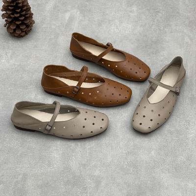 Hollow Out Breathable Genuine Leather Flat Sandals Casual Versatile Soft Soled Women's Shoes