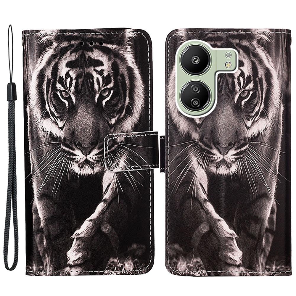 For Xiaomi Redmi 13C 4G/13C 5G/13R 5G/Poco M6 5G/Poco C65 4G Leather Case with Strap Pattern Printing Phone Stand Cover