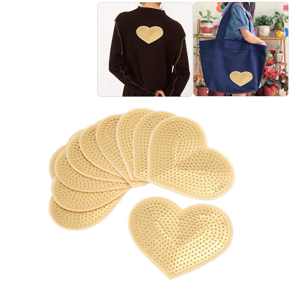 10Pcs Heart Patches Iron On Cover Blemishes Holes Gold Sequins Heart Embroidered Iron On Patch for Sewing DIY Craft