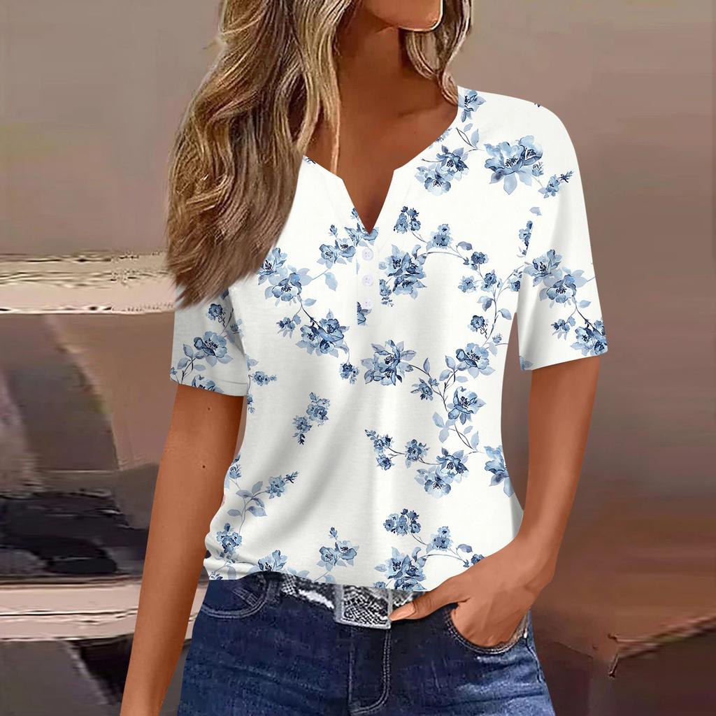 Damen-T-Shirt, T-Shirt, bedruckt, Knopfleiste, kurzärmelig, für den Alltag, Wochenende, modisch, Basic, V-Ausschnitt, normales Oberteil