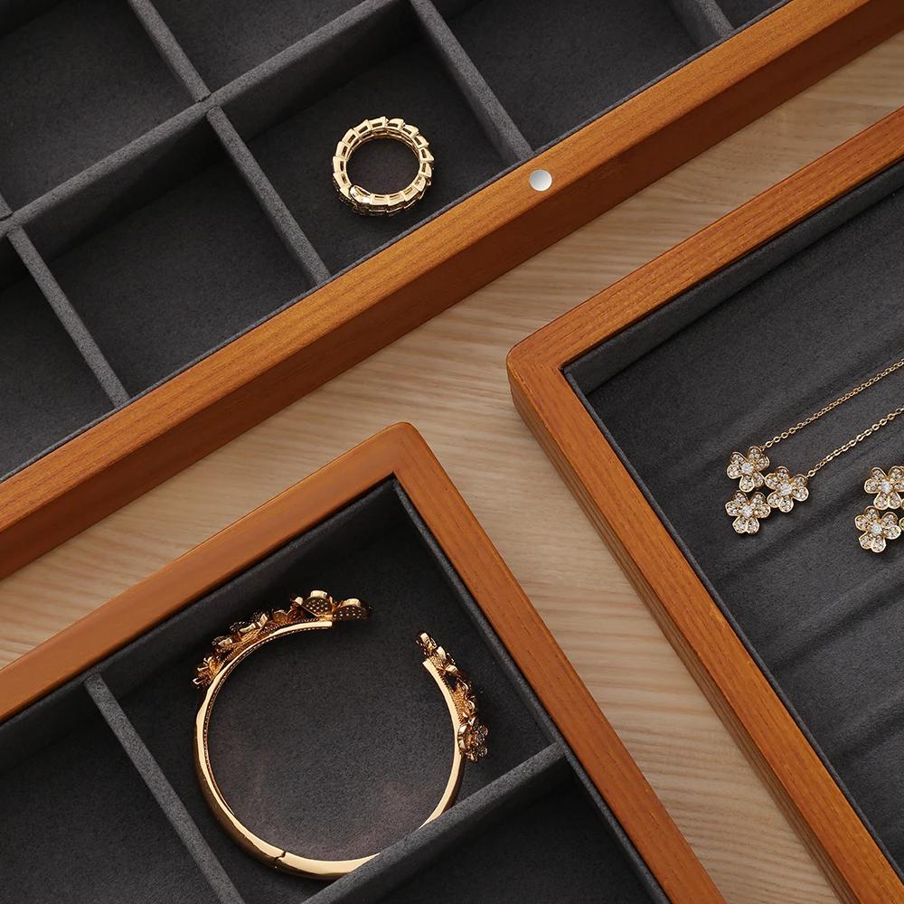 For  Bracelet Necklace Display Case Wooden Ring Earrings Organizer Large Jewelry Storage Box With Cover X007