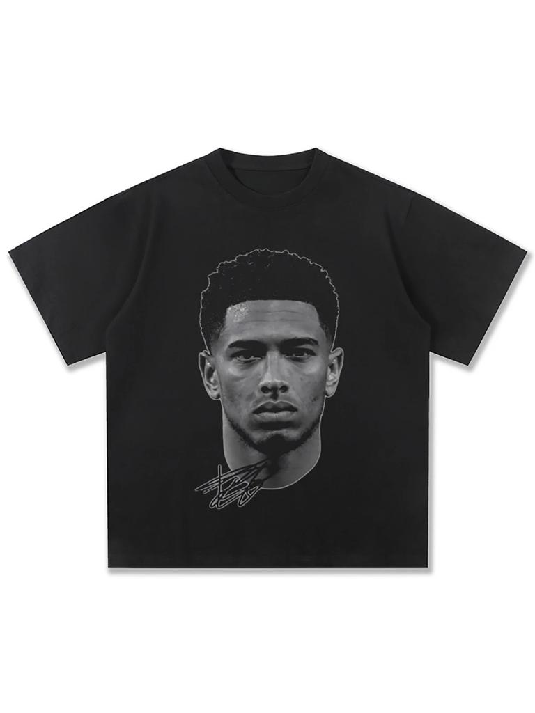 Jude Bellingham Porträt Unterschrift T-Shirt, Unisex Real Madrid Fußballstar Streetwear Tee, 100% Baumwolle Übergroßes Lässiges Oberteil