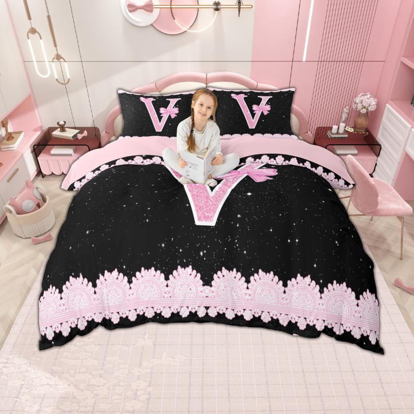 Homewish Personalized Initial M To Z Duvet Cover Set For Girl Black Pink Bedding Set Monogrammed Theme Bedroom Set Room Decor