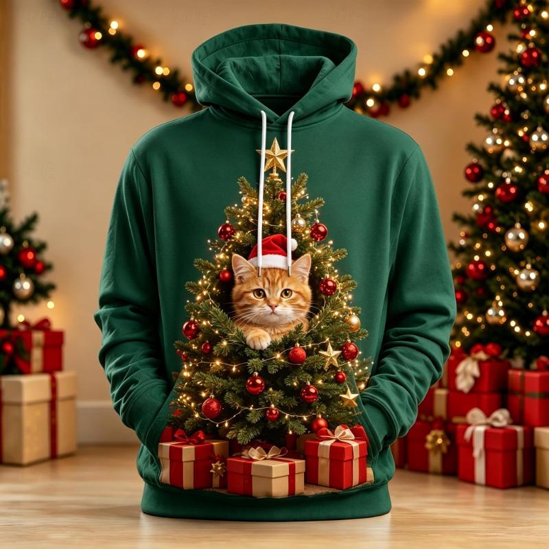 Men's Hoodie Green Christmas Tree Elf Print Breathable Pullover Sweatshirt for Xmas Holiday Party Gathering Wear
