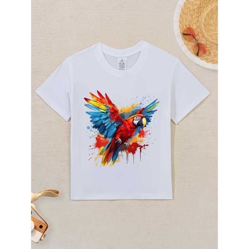 Children Crew Neck Short Sleeve T-Shirt with Watercolor Parrot Print