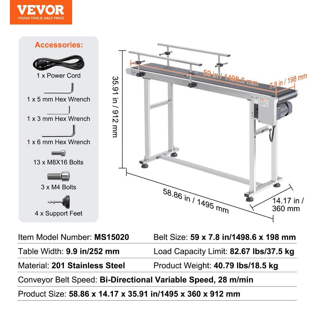 Belt Conveyor, 59 X 7.8 Inch Conveyor Table, Heavy Duty Stainless Steel Motorized Belt Conveyor for Inkjet Coding Applications Powered PVC Belt