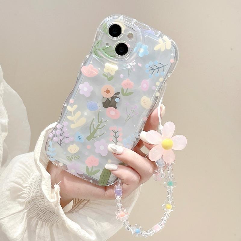 Women Colorful Floral Transparent Anti Drop Silicone Phone Case With Chain For Iphone
