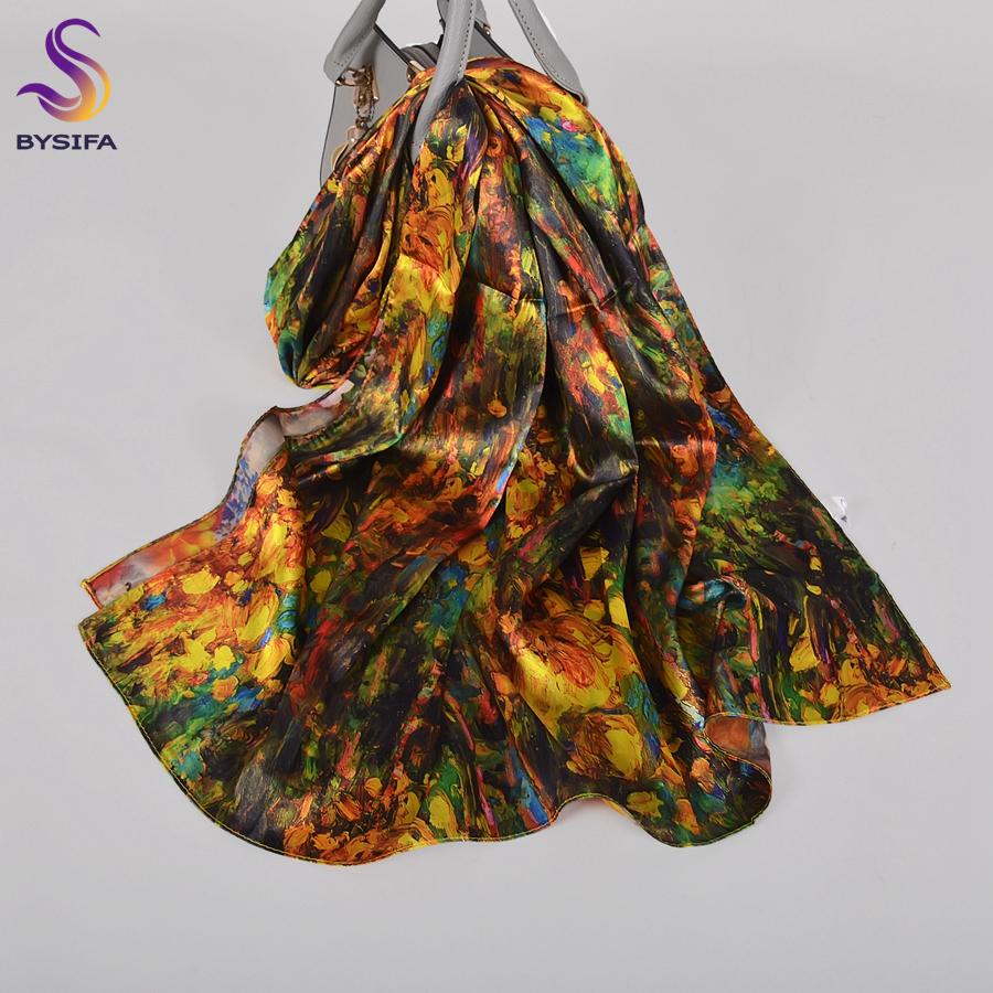 [BYSIFA]  Green Blue Ladies Satin Long Silk Scarf Shawl New Fashion Brand Scarves Printed Spring Fall Female Head Scarf 160*70cm